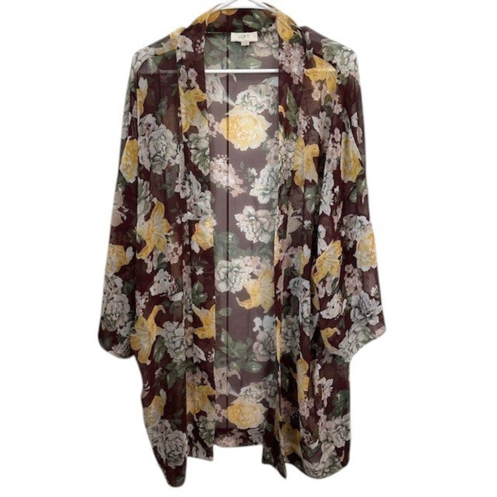 LOFT Floral Kimono Sheer Open Front Yellow‎ White Brown Cover Up One Size